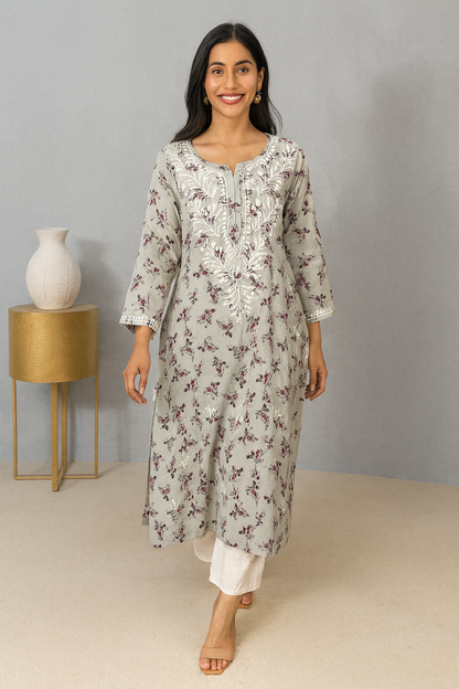 Lucknowi Chikankari Grey Printed Cotton Kurti-K000077