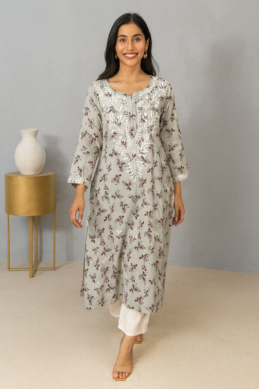 Lucknowi Chikankari Grey Printed Cotton Kurti-K000077