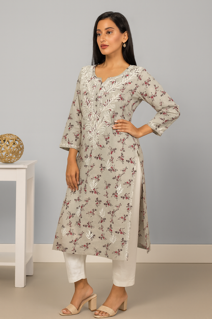 Lucknowi Chikankari Grey Printed Cotton Kurti-K000077