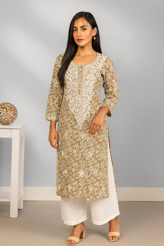 Lucknowi Chikankari Sage Green Printed Cotton Kurti-K000078