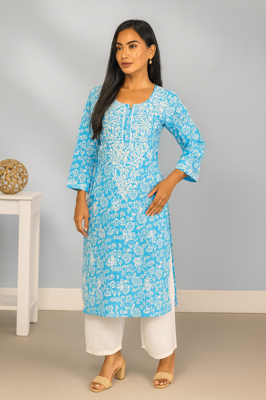 Lucknowi Chikankari Blue Printed Cotton Kurti-K000079