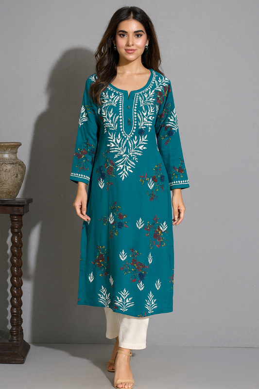 Lucknowi Chikankari Green 'Bahar' Printed Rayon Kurti-K000071