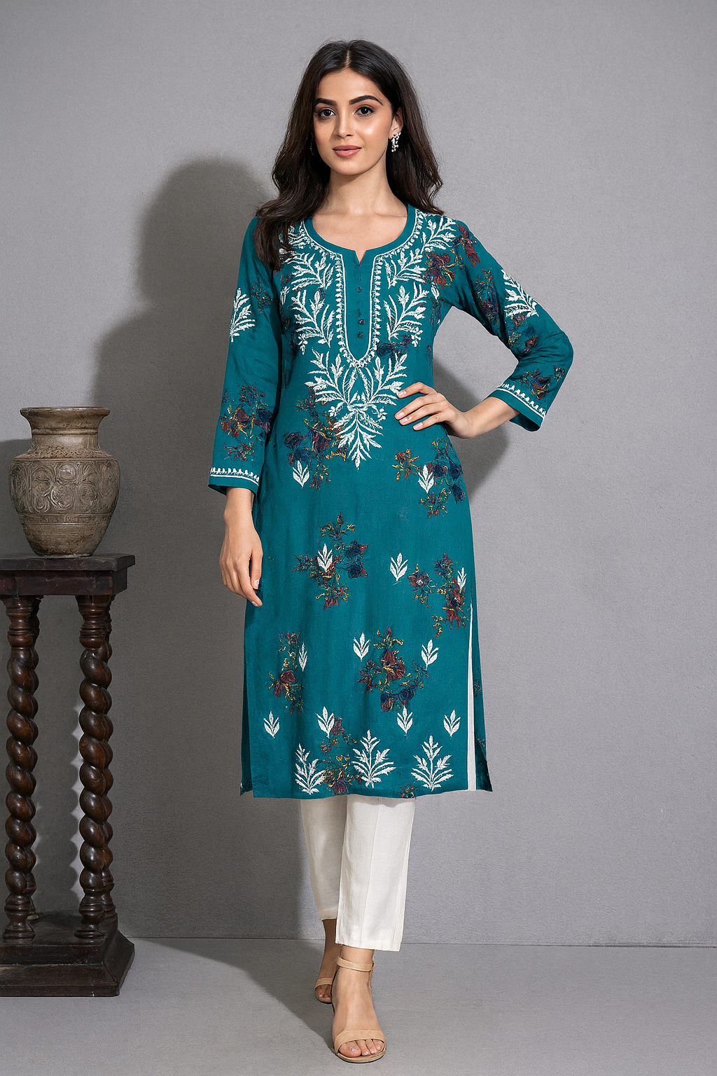 Lucknowi Chikankari Green 'Bahar' Printed Rayon Kurti-K000071
