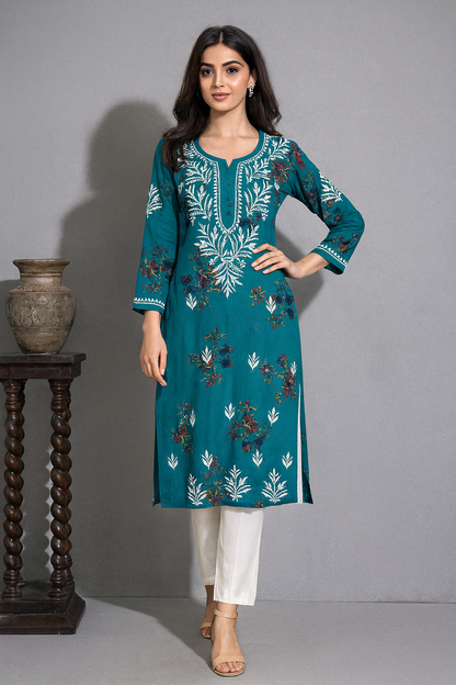 Lucknowi Chikankari Green 'Bahar' Printed Rayon Kurti-K000071