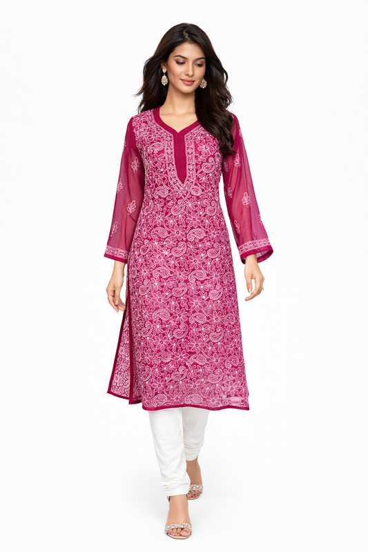 Lucknowi Chikankari Magenta 'Shagufta' Georgette Kurti-K000034