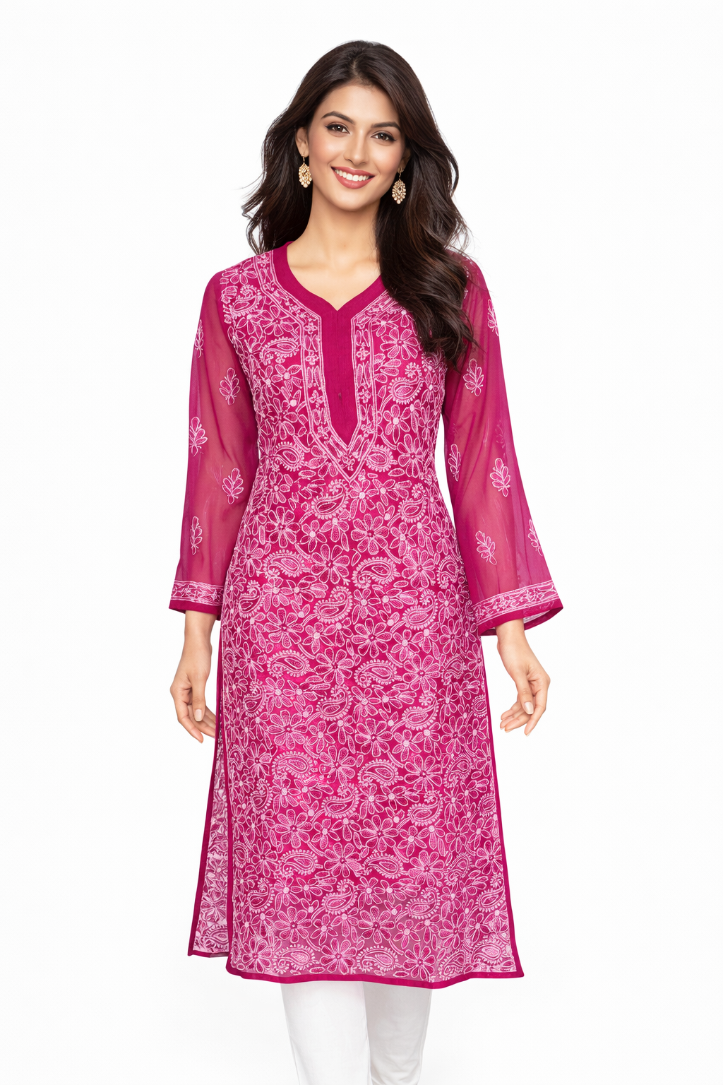 Lucknowi Chikankari Magenta 'Shagufta' Georgette Kurti-K000034
