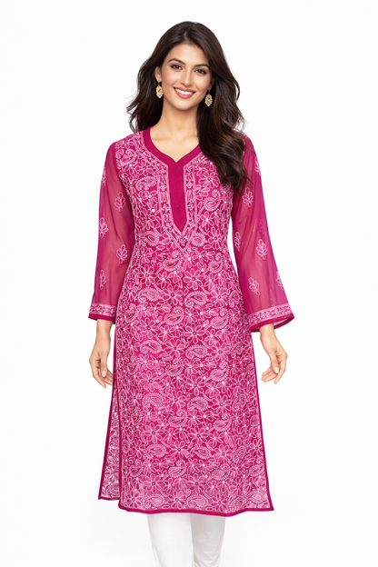 Lucknowi Chikankari Magenta 'Shagufta' Georgette Kurti-K000034