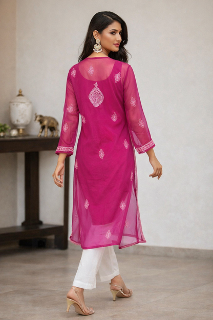 Lucknowi Chikankari Magenta 'Shagufta' Georgette Kurti-K000034