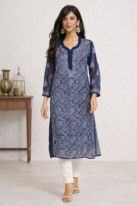 Lucknowi Chikankari Navy Blue 'Aab-e-Asmaan' Georgette Kurti-K000035