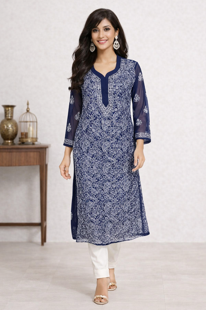 Lucknowi Chikankari Navy Blue 'Aab-e-Asmaan' Georgette Kurti-K000035