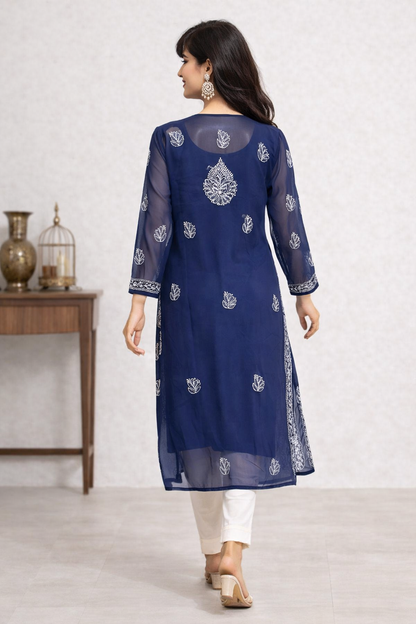 Lucknowi Chikankari Navy Blue 'Aab-e-Asmaan' Georgette Kurti-K000035