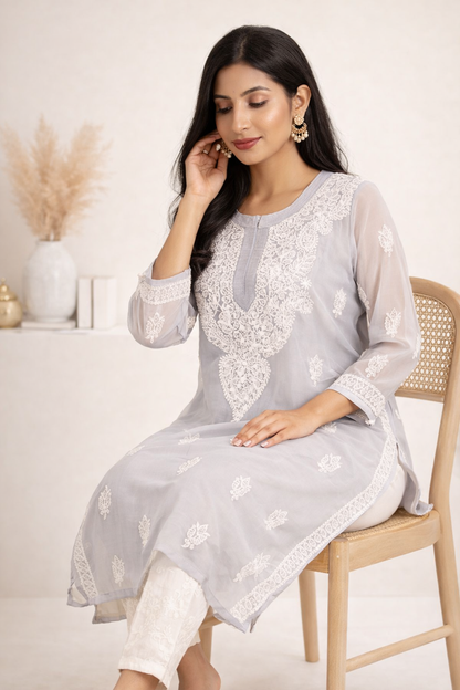 Lucknowi Chikankari Grey 'Dhoondhla' Georgette Kurti-K000044