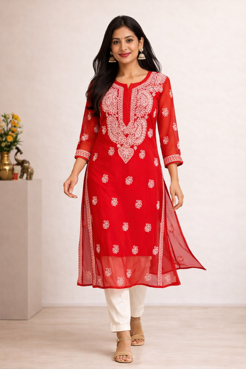 Lucknowi Chikankari Red 'Surkh' Georgette Kurti-K000049