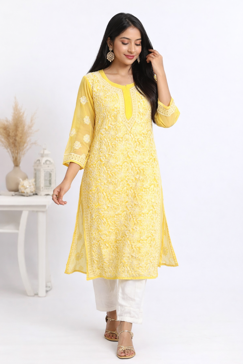 Lucknowi Chikankari Yellow 'Sunehri' Georgette Kurti-K000051