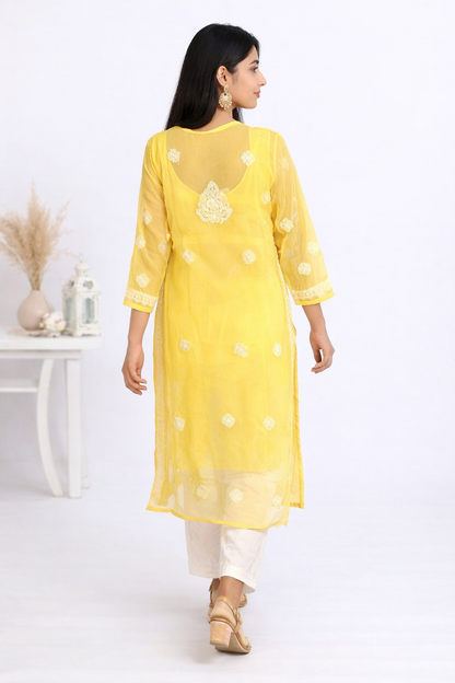 Lucknowi Chikankari Yellow 'Sunehri' Georgette Kurti-K000051