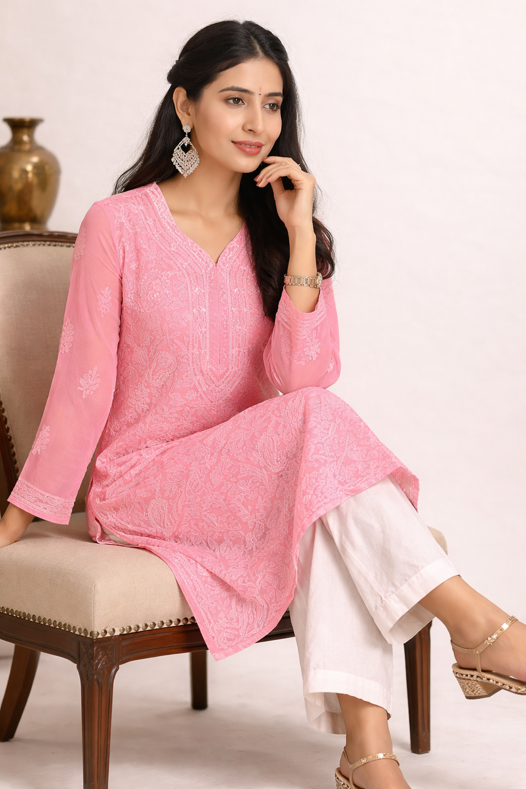 Lucknowi Chikankari Pink 'Shagufta' Georgette Kurti-K000063