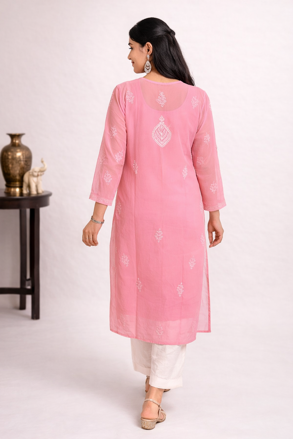 Lucknowi Chikankari Pink 'Shagufta' Georgette Kurti-K000063