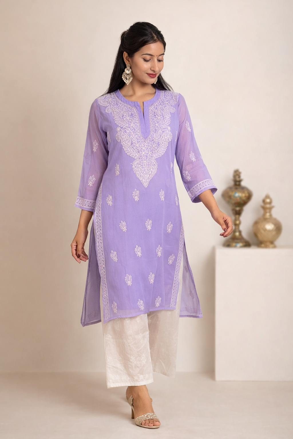 Lucknowi Chikankari Purple 'Jamuni' Georgette Kurti-K000064