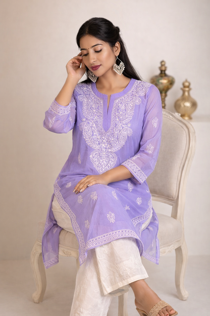 Lucknowi Chikankari Purple 'Jamuni' Georgette Kurti-K000064