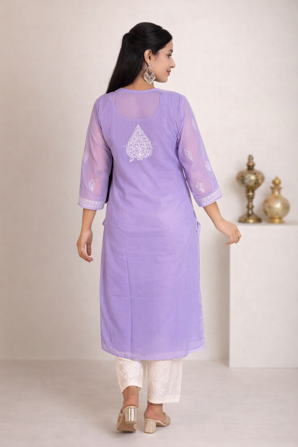 Lucknowi Chikankari Purple 'Jamuni' Georgette Kurti-K000064