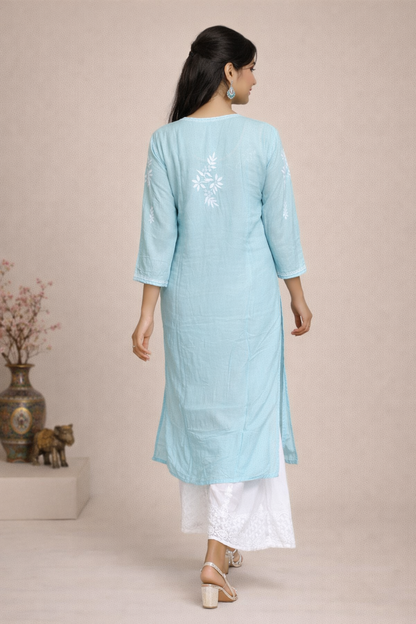 Lucknowi Chikankari Sky Blue 'Aab-e-Asmaan' Modal Kurti-K000119