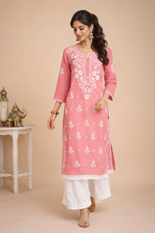 Lucknowi Chikankari Powder Pink 'Shagufta' Modal Kurti-K000120