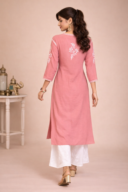 Lucknowi Chikankari Powder Pink 'Shagufta' Modal Kurti-K000120