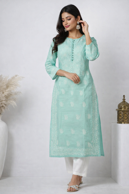 Lucknowi Chikankari Green 'Bahar' Cotton Kurti-K000057