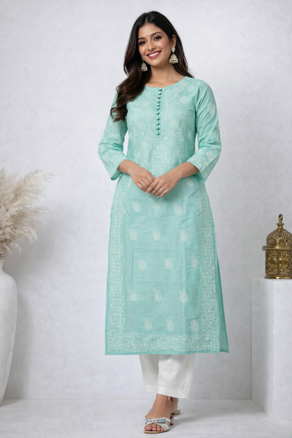 Lucknowi Chikankari Green 'Bahar' Cotton Kurti-K000057