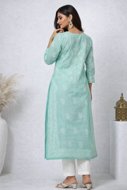 Lucknowi Chikankari Green 'Bahar' Cotton Kurti-K000057