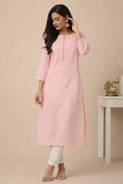 Lucknowi Chikankari Pink 'Shagufta' Cotton Kurti-K000050