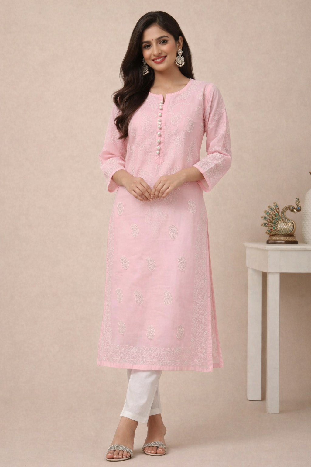 Lucknowi Chikankari Pink 'Shagufta' Cotton Kurti-K000050