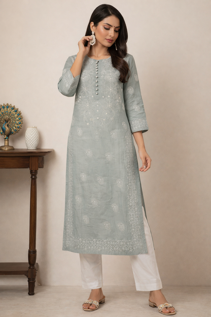 Lucknowi Chikankari Grey 'Dhoondhla' Cotton Kurti-K000046