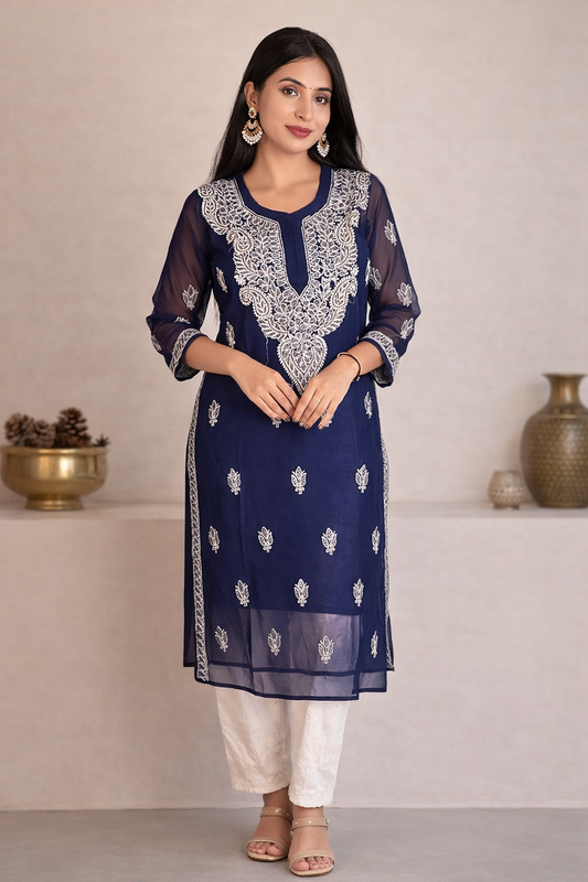 Lucknowi Chikankari Navy Blue 'Aab-e-Asmaan' Georgette Kurti-K000060