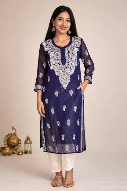 Lucknowi Chikankari Navy Blue 'Aab-e-Asmaan' Georgette Kurti-K000060