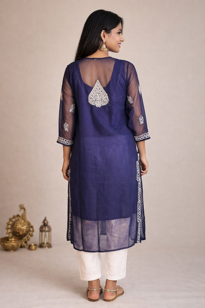 Lucknowi Chikankari Navy Blue 'Aab-e-Asmaan' Georgette Kurti-K000060