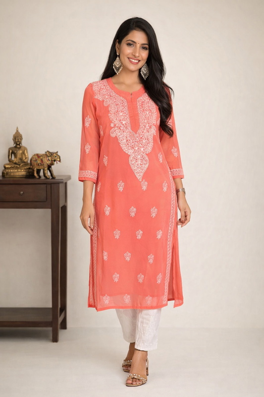 Lucknowi Chikankari Coral Pink 'Shagufta' Georgette Kurti-K000062