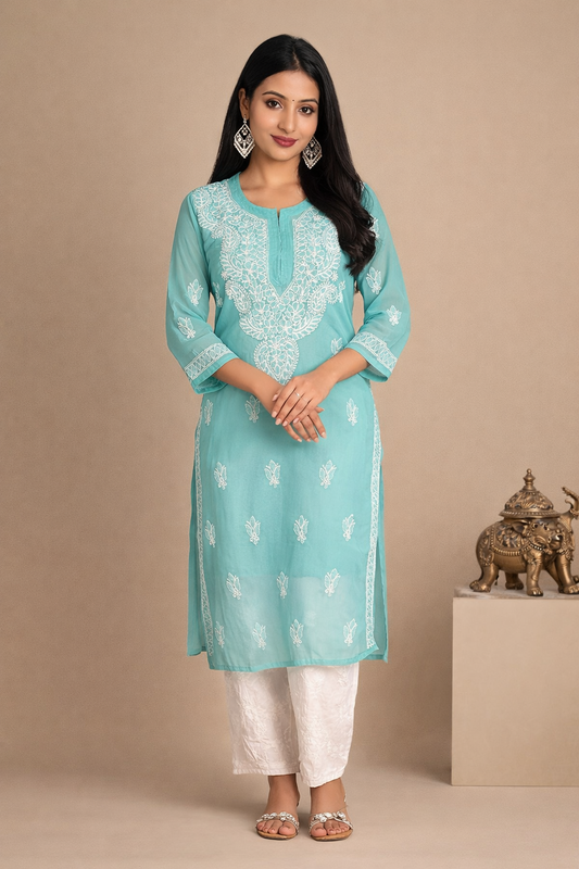 Lucknowi Chikankari Green 'Bahar' Georgette Kurti-K000065