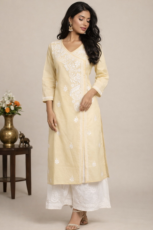 Lucknow Chikankari Fawn 'Karimi' Cotton Angrakha- K30032