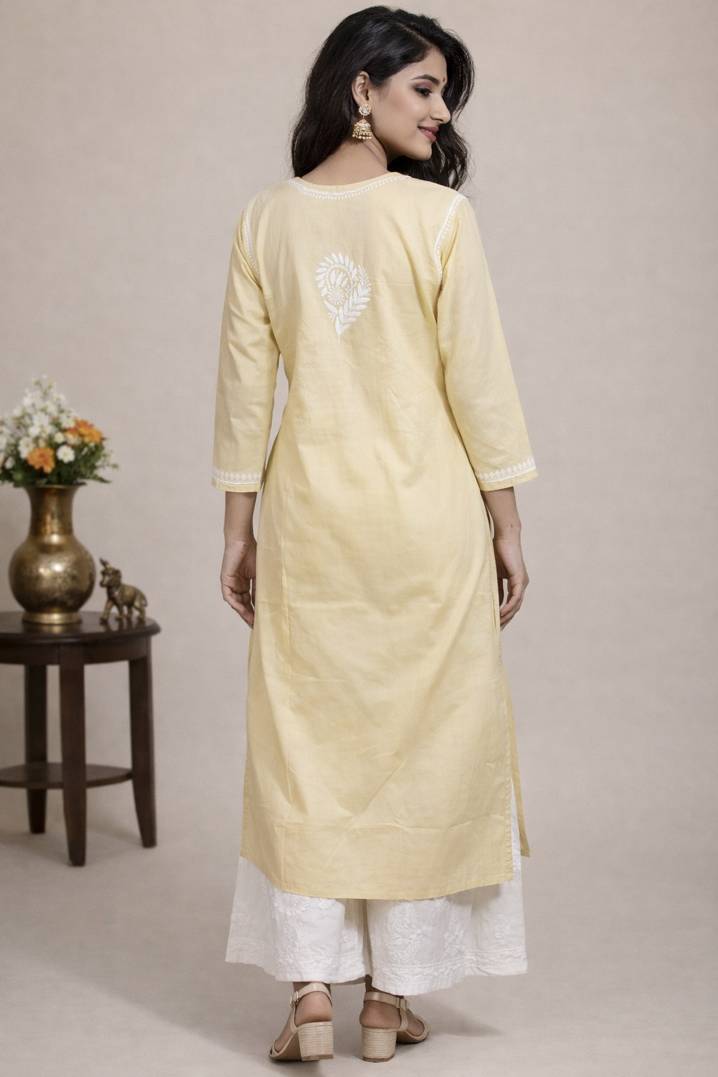 Lucknow Chikankari Fawn 'Karimi' Cotton Angrakha- K30032