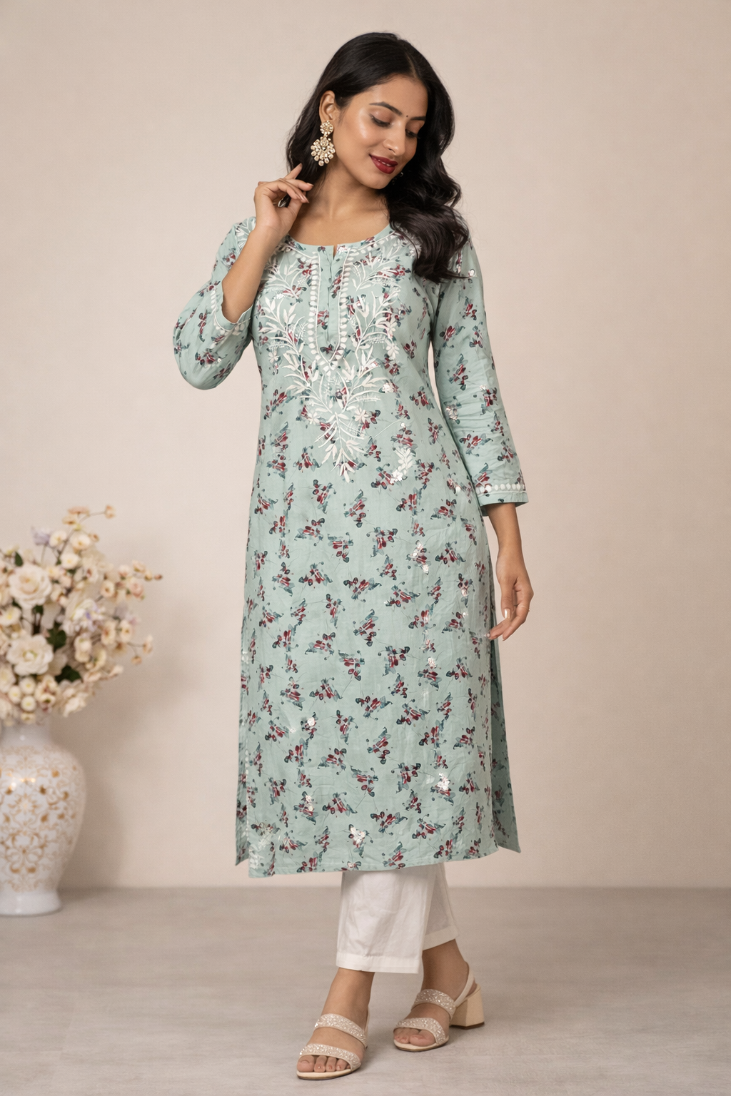 Lucknowi Chikankari Blue 'Aab-e-Asmaan' Printed Rayon Kurti-K30071