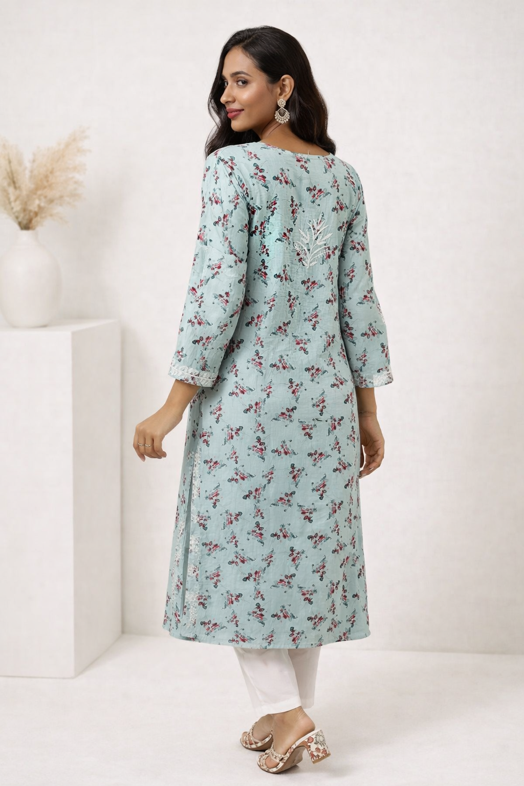 Lucknowi Chikankari Blue 'Aab-e-Asmaan' Printed Rayon Kurti-K30071