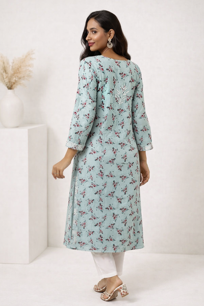 Lucknowi Chikankari Blue 'Aab-e-Asmaan' Printed Rayon Kurti-K30071