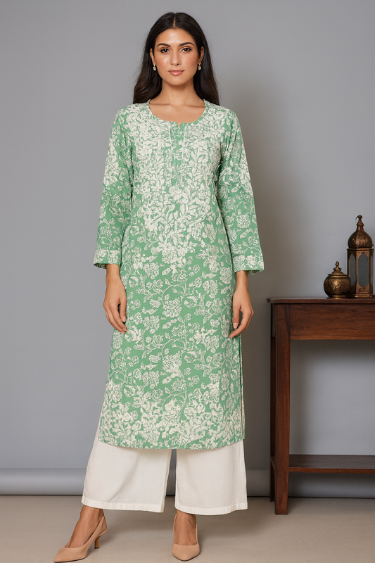 Lucknowi Chikankari Green 'Bahar' Printed Cotton Kurti-K000080