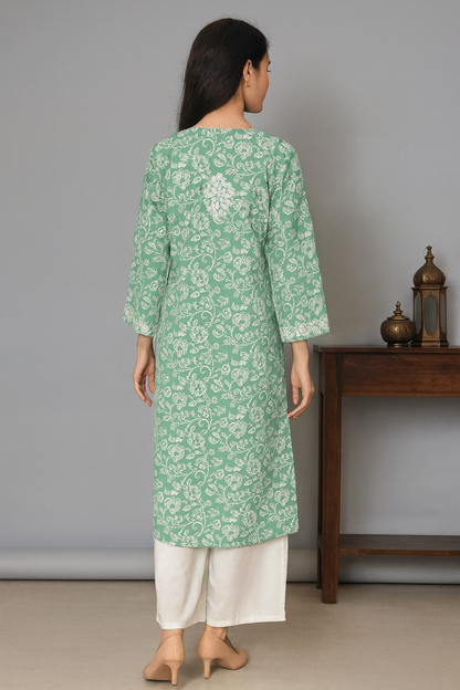 Lucknowi Chikankari Green 'Bahar' Printed Cotton Kurti-K000080
