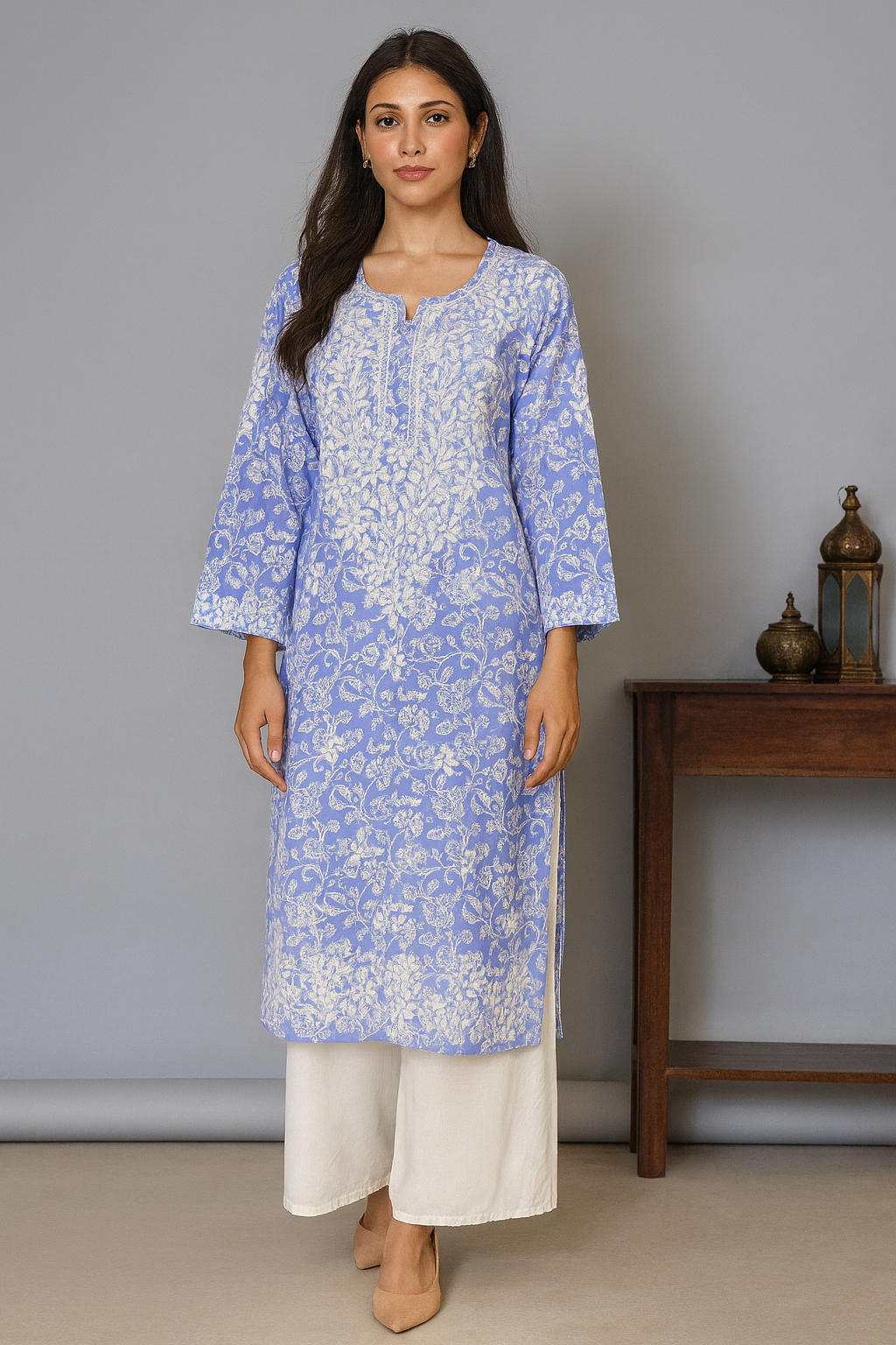 Lucknowi Chikankari Purple 'Jamuni' Printed Cotton Kurti-K000081