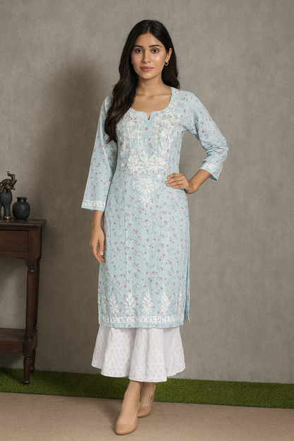 Lucknowi Chikankari Sky Blue 'Aab-e-Aasman' Printed Cotton Kurti-K000084