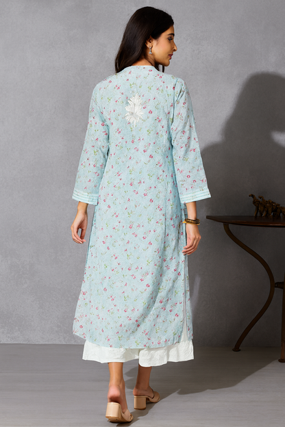 Lucknowi Chikankari Sky Blue 'Aab-e-Aasman' Printed Cotton Kurti-K000084