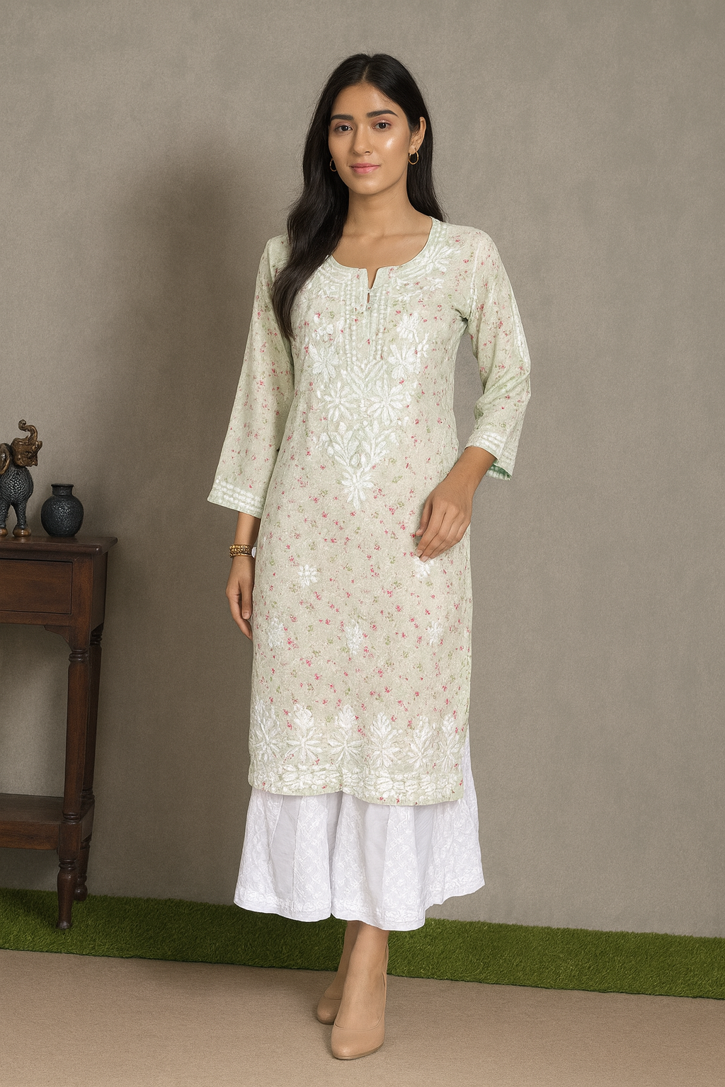 Lucknowi Chikankari Light Green Printed Cotton Kurti-K000085