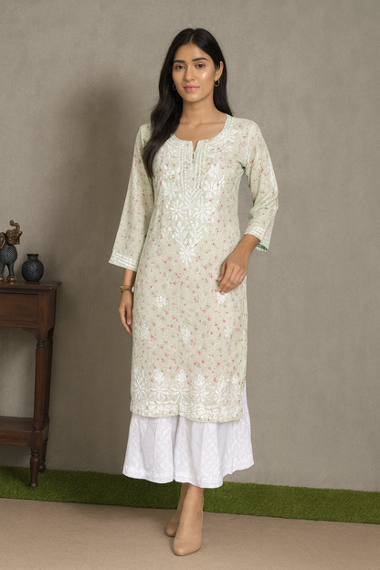 Lucknowi Chikankari Light Green Printed Cotton Kurti-K000085